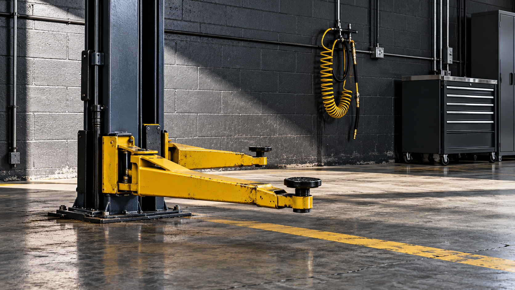 Empty service bay with a yellow lift arm against a charcoal wall