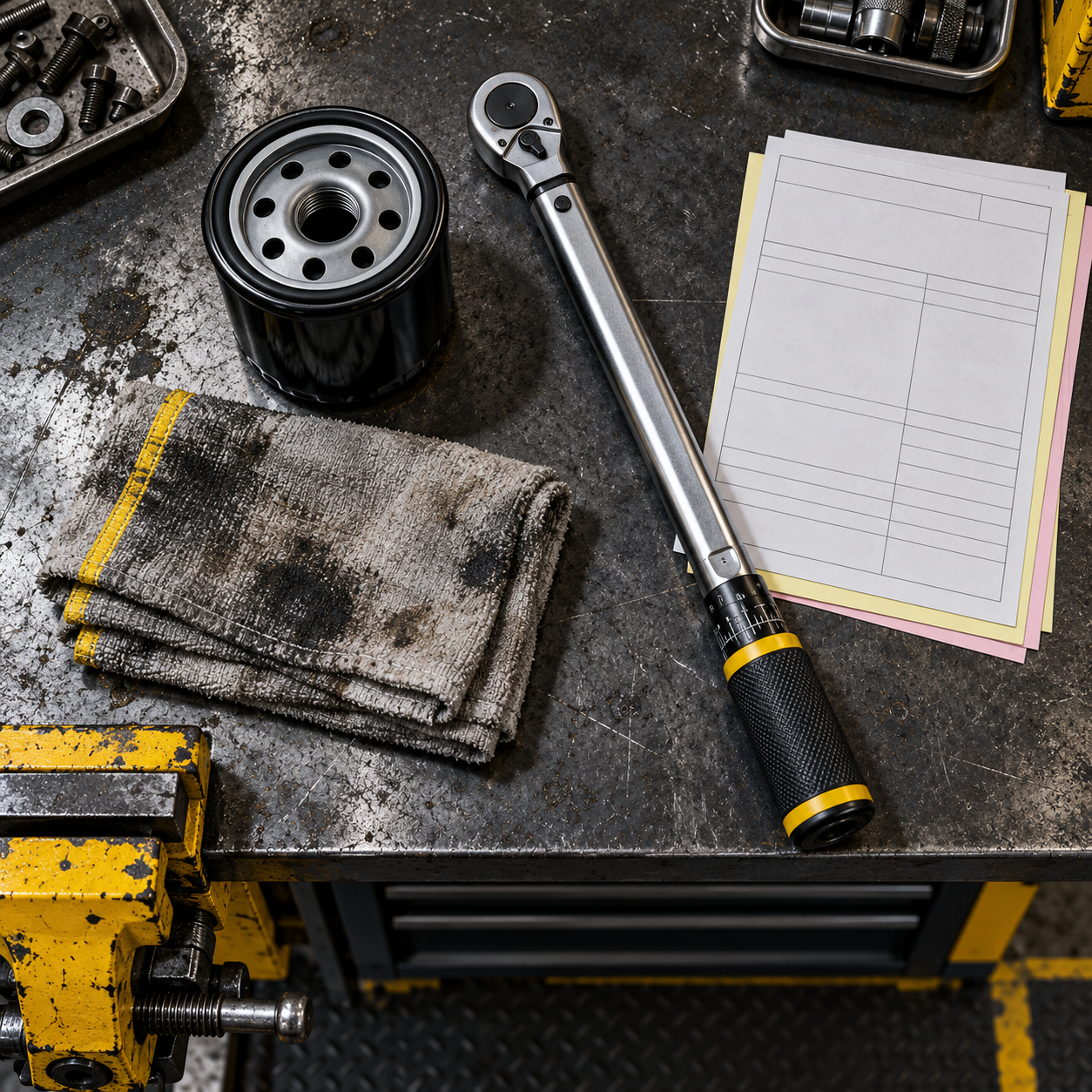 Workbench with an oil filter, wrench, shop rag, and blank service forms